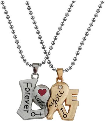 M Men Style Valentine's day Gift Love You Forever Couple Dual Pendant With Ball Chain Rhodium Zinc, Metal Pendant