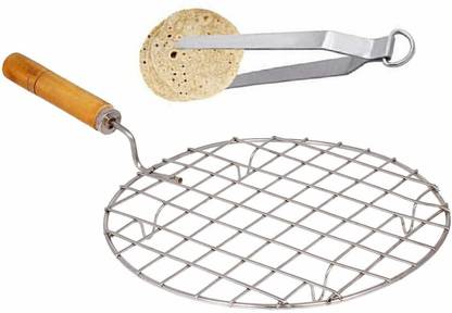 SUPREETI Stainless Steel Roaster Tandoor Paneer Roti Roaster Net Jali Papad Jali Barbecue Grill with Wooden Handle,and stainless steel tong , chimta Roti maker Square set of 2 1 kg Roaster