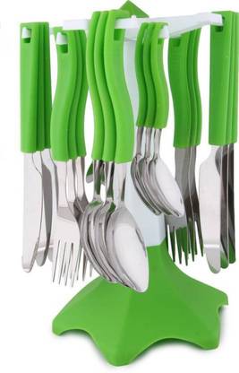 KB Sells 24 Pcs Stainless Steel Cutlery Set/ Spoon Set with Stand for Dining Table/Spoon and Fork Set/Spoon Stand Holder(Pack Of 24) Plastic, Stainless Steel Cutlery Set