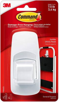 Command 3M (17004) 1 HOOK 4 LARGE STRIP SINGLE JUMBO UTILITY HOOK PACK OF 2 (WHITE) Hook 2