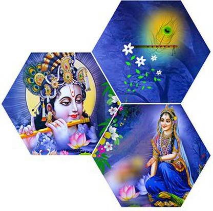 BGH Set of 3 Hexagon Radhe Krishna Design - G-005-28 / Size : 24 x 24 inch/MDF and Sparkle Print Image Digital Reprint 24 inch x 24 inch Painting