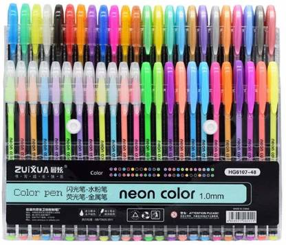 GLAZU Neon Highlighter Gel Pen Glow In Dark with Different Colors (Pack of 48 Pens)