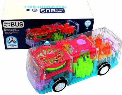 Haulsale A multifunctional Gear Light Bus toy with mechanical gears simulation having transparent shell, 3D flashing lights, different types of music, horn and engine starting sound,360-degree rotation and straight moving functions Unique transparent design, one can see the gear inside, helps the kids to know mechanical concept. Auto turning when meeting any obstacle - Rotates 360 degree. It works best on the flat surface and can be played indoors or outdoors Keeping children entertained for hours on end, the fun will never stop! It can be a super cool gift for kids to develops creativity and imagination, Stimulates hand eye co-ordination, memory building, motor skills, color and shape recognition, curiosity building, sensory development and brain development. The good companion for children in the learns and grow. This toy made of non-toxic, high quality ABS eco-friendly material, no sharp edges and smooth curves so 100% safe for your kids to play with it.