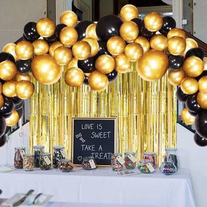 Balaji Solid Decoration Combo Kit with Black, Golden + Golden foil Curtain Birthday Party Supplies Decorations - Pack of 102 Balloon ( Pack of 102) Balloon