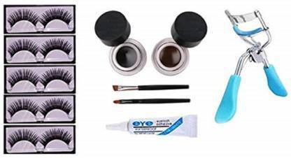 त्रिवेती 5 Pair Eyelash, Glue, Curler, Gel Eyeliner Black and Brown pack of 5