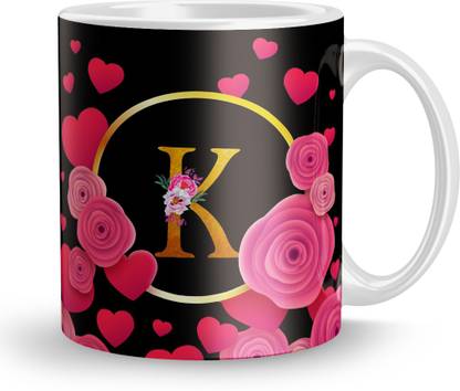 Fifth and Moon Letter K Pink Floral Background Design Printed. Ceramic Coffee Mug