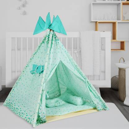 KODOMO PLAY Printed Portable TeePee Tent With Padded Mat 1 Pillow & 2 rollester Pillow with 4 flags Indoor & Outdoor