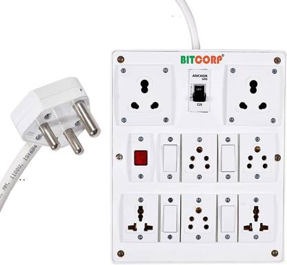 BITCORP Extension Board 6A 15A 16A 7 Socket 4 Switch With MCB and Universal Multi Outlet 5 Meter 1.5 mm Long Wire Cable Cord With 15 16 Amp Power Plug 7  Socket Extension Boards
