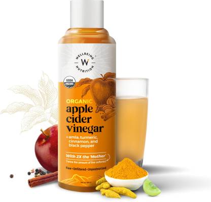 Wellbeing Nutrition USDA Organic Himalayan Apple Cider Vinegar (2X Mother) with Amla (Vitamin C for Immunity), Turmeric, Cinnamon & Black Pepper | Raw, Unfiltered, Unpasteurized Vinegar