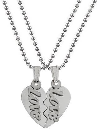 M Men Style Velentine's Day Gift Broken Heart Love Couple Locket With 2 Chain His AND Her Sterling Silver Stainless Steel Pendant Set