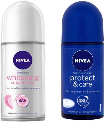 NIVEA Women Whitening Smooth Skin and Protect & Care Deodorant Roll-On 50ML Each (Pack of 2) Deodorant Roll-on  -  For Women