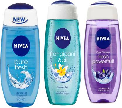 NIVEA FRANGIPANI & OIL SHOWER GEL 250 ML + FRESH POWER FRUIT SHOWER GEL 250 ML + FRESH PURE SHOWER GEL 250 ML
