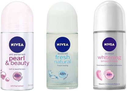 NIVEA Women Pearl & Beauty, Fresh Natural and Whitening Smooth Skin Deodorant Roll-On 50ML Each (Pack of 3) Deodorant Roll-on  -  For Women
