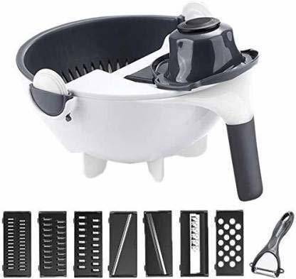 ENVICUTS 9 in 1 Multifunction Vegetable Cutter with Drain Basket Magic Rotate Vegetable Cutter Portable Slicer Chopper Grater Kitchen Tool Vegetable Grater
