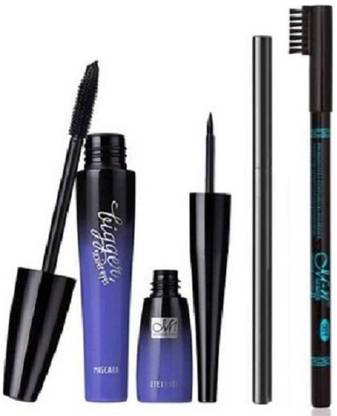 TheTopNotch Eyebrow Pencil Black & Menow Extra Curl & Volume Mascara + Menow EyeDefining LIqued Eyeliner + kajal