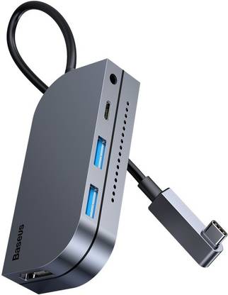Baseus Invisible 6 in 1 Type C Adapter Dongle with USB 3.0, 4K HDMI, PD Charging CAHUB-CWJ0G 3.5mm Headphone & Micro/SD Card Readers Compatible with MacBook/iPad Type-C HUB