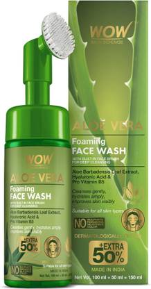 WOW SKIN SCIENCE Aloe Vera Foaming  with Built-In Face Brush for deep cleansing - No Parabens, Sulphate, Silicones & Color - 150mL Face Wash
