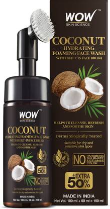 WOW SKIN SCIENCE Coconut Hydrating Foaming  with Built-In Face Brush - with Coconut Water - For Cleansing, Soothing Skin - No Parabens, Sulphate, Silicones & Color - 150 ml Face Wash