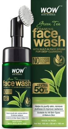 WOW SKIN SCIENCE Green Tea Foaming  with Built-In Face Brush - With Green Tea & Aloe Vera Extract - For Purifying Skin, Improving Radiance - No Parabens, Sulphate, Silicones & Color - 150 ml Face Wash
