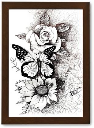 Target Publications Wall Painting Photo Frame of Butterfly with Flower | Handmade Painting | Modern Art Pen Sketch Drawing | Portrait Painting for Wall, Living Room, Bedroom, Office, Home Decoration | 12.5 x 9 inch | Brown Frame Ink 14.37 inch x 11.02 inch Painting