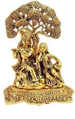 VAC International Metal Radha Krishna Sitting Under Tree Plying Flute Brass Idol for Home Decor Decorative Showpiece  -  19 cm