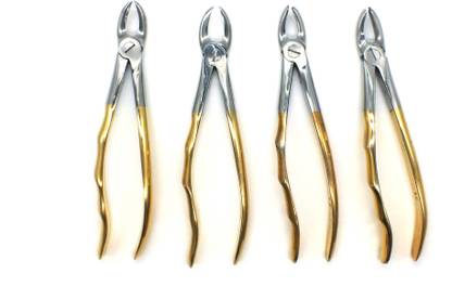 ADDLER Dental Forcep Molars Premolars Upper , Lower Easy Finger Grip No Slip No Rust Golden Handle QTY 4 . Serrated Forceps