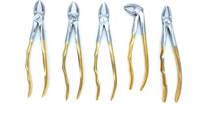ADDLER Dental Forcep Molars Premolars Upper , Lower Easy Finger Grip No Slip No Rust Golden Handle QTY 5 . Serrated Forceps