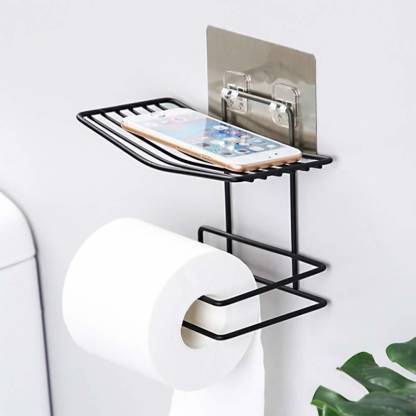 nunki trend Toilet Paper Holder Shelf Tissue Roll Towel Storage Rack Adhesive Mobile Phone Dispenser Hanger Organizer Bathroom Art-Black Stainless Steel Toilet Paper Holder