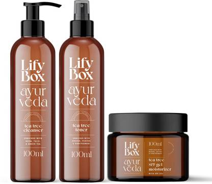 Lifybox Tea Tree Cleanser + Toner + Moisturizer with SPF 25+ (100ml each) Combo Pack for anti aging, pores tightening, pimples treatment | For acne prone, normal, dry, oily and combination skin