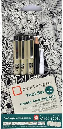 SAKURA Zentangle Tool Set -10 (Pigma Micron pens -01, 03, 05 Black, 1 black pencil, 1 Tortillon, 5 Zentangle Tiles in Off white colour- 89 x 89 mm)