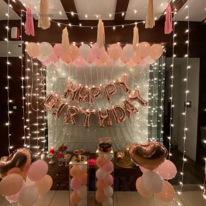 Trixzoom Solid Ultimate Pastel Rose Gold Happy Birthday Decoration Set - 119 Pcs Kit - Rosegold Happy Birthday, Pastel & Metallic Balloons, Heart Shape Balloons, Tassels, Pump & LED Lights Balloon Bouquet