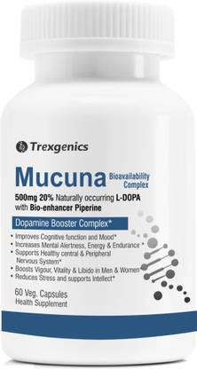 Trexgenics MUCUNA (20% L-Dopa) Pruriens Kapikachhu 500mg, Bio-enhancer Piperine (60 Vcaps)