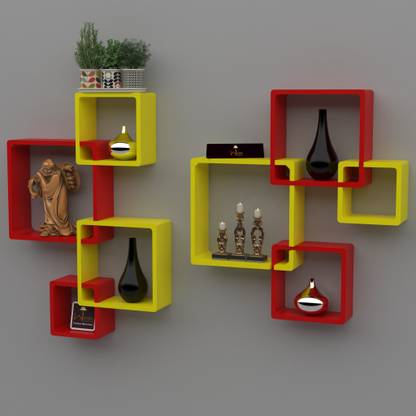 WoodenTwist Rafuf Wooden Intersecting Wall Shelves ( Set of 8 ) Red & Yellow MDF (Medium Density Fiber) Wall Shelf