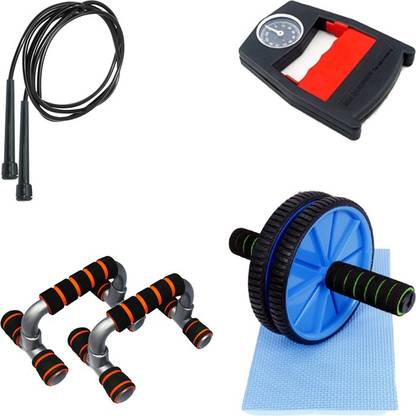Mor Sporting Combo of Black Slim Skipping rope, Hand Power Grip Dyanometer, Anti slip foldable Push up bar and Ab wheel Max Fitness Accessory Kit Kit