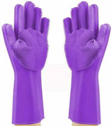 Nikku creation Nikku creation Magic Silicone Gloves with Wash Scrubber, Reusable Brush Heat Resistant Gloves Kitchen Tool for Cleaning, Dish Washing, Washing The Car, Pet Hair Care - 1 Pair (Multicolor) Wet and Dry Glove Set