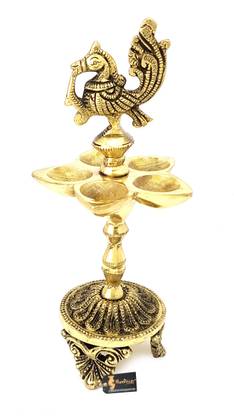 HanDecor Peacock Over Ethnic Carved Legs Five Oil Wick Brass Table Diya