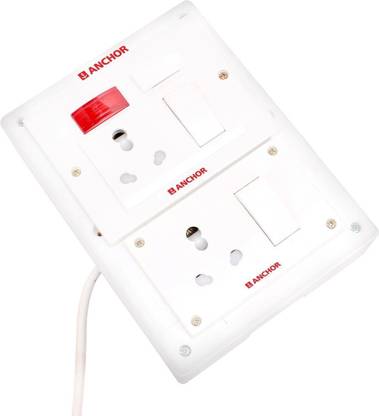ANCHOR BAHUL ASSEMBLED BOARD CONTAINS 2 Anchor Sockets(15 Amp), 2 Anchor Switch(15 Amp) with 4 Metre Chord Surge Protector (white) 2  Socket Extension Boards