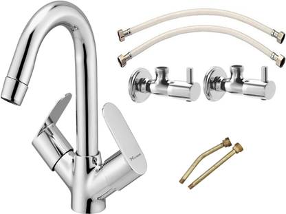 Mapson 2 Piece Turbo AngleValve with Wall Flange & Costa Center Hole 2in1 Mixer Faucet & 24" CP Nut Hot Water Connection Pipe Premium Quality for Geyser,Wash basin,Bathroom and Various Appliances (Multi purpose) Faucet Set