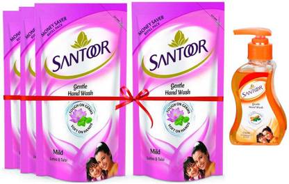 संतूर हैंड वॉश जेर्म्स के टच माइल्ड लोटस और तुलसी 180ml x 4 क्लासिक सैंडलवुड और तुलसी जेंटल हैंड वॉश हैंड वॉश पाउच