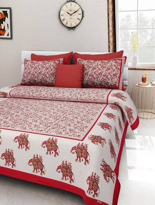 SKY WIINGS 256 TC Cotton Double Jaipuri Prints Flat Bedsheet