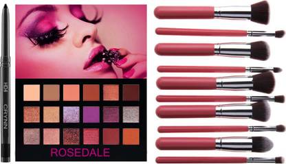 क्रिन Smudge Proof Essential Makeup HD3 Beauty Kajal & Rosedale Desert Dusk Blushed New York Eyeshadow Palette & Set of 12 Porfessional Pink Makeup Brush