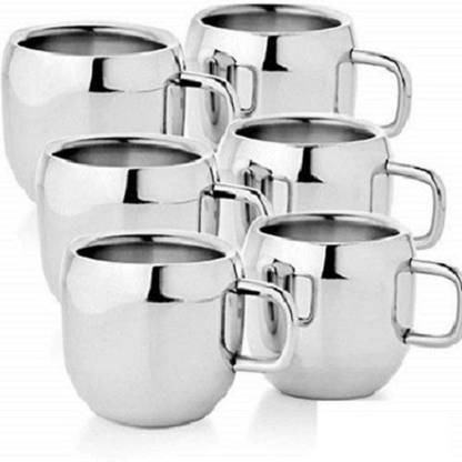 Friends Club Pack of 6 Stainless Steel Pack of 6 Stainless Steel Essentials Pack of Double Walled Heavy Quality Tea & Coffee Cup Set With Latest Stylish Fancy Unique Design(Silver) Simple Tea Cups Set Dining Ware ,Table Decor Cups Sets ,Steel Cup (Kitchen & Home Appliances,Cups Combo)(Tea Cups)Designer Tope Trending Cup Set  