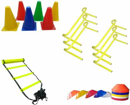 YMD Speed Adjustable Speed Ladder/Jumping Agility Hurdle 6 inch Set of 6/Saucer Marker Cone 6inch Set of 20, Marking set of 20 PVC Speed Hurdles