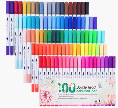PATHOS INDIA Dual Tip Brush Marker Pens set of 100,Fine and Brush Tip Colored Pens for Coloring,Art,Sketching,Bullet Journal,Coloring Book,Drawing