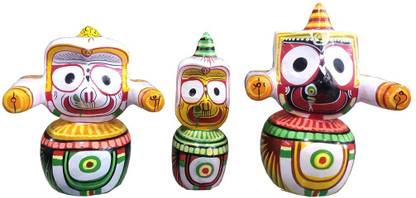 NEALEXKLUSIVE Wooden Lord Jagannath Balabhadra (Balaram) Devi Subhdra and Sudarshan Beautifully Round Base Design of 6 Inch or 15 cm� Decorative Showpiece  -  18 cm