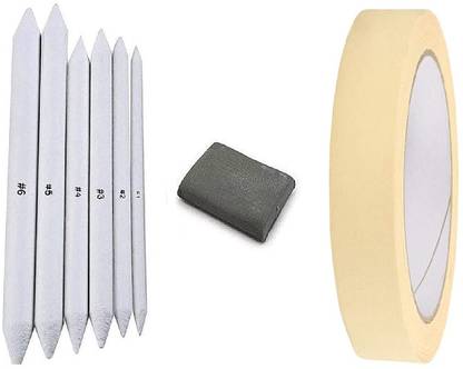 Definite White Paper Art Blending Stumps or Tortillon for Shading, Blending and Smudging (Pack of 6), One Kneadable Eraser for Charcoal and Pastel Pencils and 1 Inch Masking Paper Tape (20 Meters) ; Ideal Drawing Set for Students, Professionals, Artists