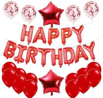 SOI Solid Happy Birthday Foil Red with HD Metallic & Confetti Balloons with Foil Star Decoration Kit Balloon
