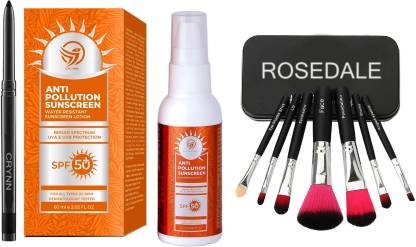 Crynn Smudge Proof Essential Makeup HD3 Beauty Kajal & Anti Pollution Broad Spectrum SPF 50+ Suncreen & Set of 7 Makeup Brush