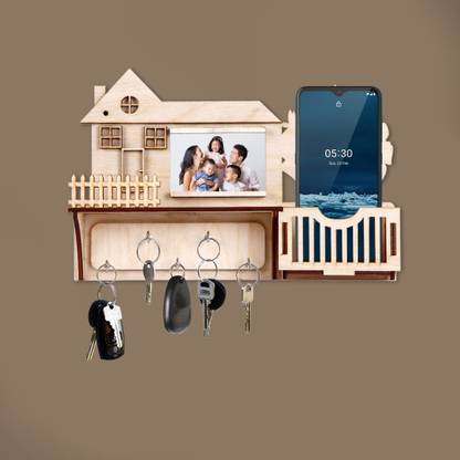 Gretal Multipurpose Wooden Wall Shelf with 5 Hooks Key Holder Stand -55 Sweat 3106 Wood Key Holder