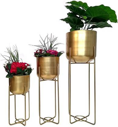 POTTERY STUDIO Beautiful Golden POTS with Stand 3pcs Set for Your Room , Home , Office , Garden Decor Plant Container Set